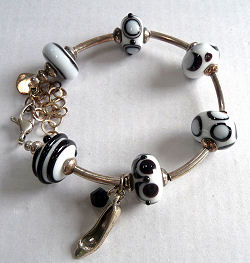 Black & White Lampwork Beads with Sterling Slipper Bracelet by Katherine Lee