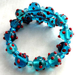 Blue Lampwork Beads with Red Dots Spiral Bracelet